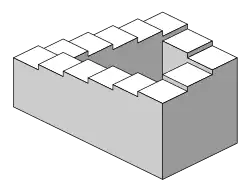 Un escalier en forme de carré. Les marches forment un angle de 90 degrés à chaque coin, donnant l'illusion d'une boucle.