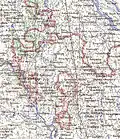 Carte simplifiée de la région frontalière, près de 26°&nbsp;15′&nbsp;43″&nbsp;N, 88°&nbsp;45′&nbsp;06″&nbsp;E, décrivant certaines des plus grandes enclaves indiennes à l'intérieur du Bangladesh. De nombreuses petites enclaves de la zone ne sont pas indiquées.