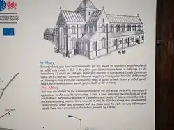 Reconstitution axonométrique d'un monastère sur un panneau d'information