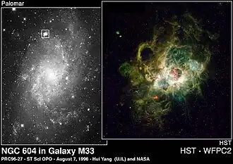 Position de NGC 604 dans la nébuleuse NGC 604 dans la galaxie du Triangle.