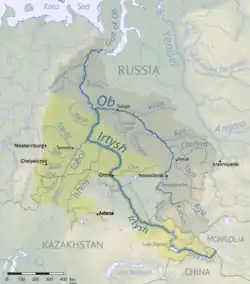 Map of the course of the Irtysh river, from its sources on the Mongolia-China border, across northern Kazakhstan and through Siberia before emptying into the Arctic Ocean
