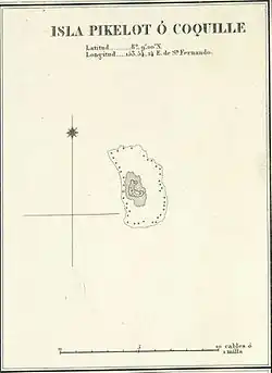 Page d'un ouvrage représentant une île et, indiquées au-dessus, son nom et ses coordonnées.