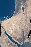 Image satellite du Sinaï et du sud d’Israël avec le canal de Suez sur la gauche.