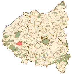 Vue de la commune d'Issy-les-Moulineaux en rouge sur la carte de Paris et de la « Petite Couronne ».
