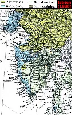 Langues d'Istrie en 1880 : italien en bleu, slovène en vert-jaune, croate en vert-bleu.