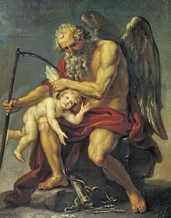 Saturne assis sur un rocher couoe les ailes de Cupidon avec sa faux (1802).