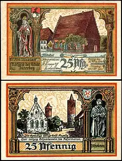 Monnaie de nécessité de 25 pfennings à Jüterbog en 1920 montrant la Heilig-Geist-Kapelle (Jüterbog) (de).