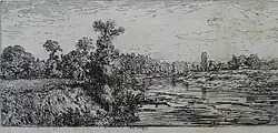 Paysage champêtre, Charles Jacque, estampe. Nemours, Château-Musée.
