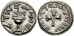 la pièce avec le motif original (shekel datant de la Grande révolte juive)