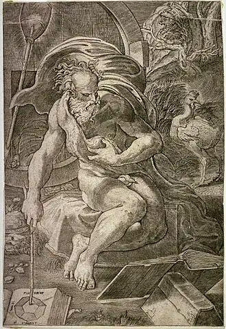 Homme assis, le corps légèrement vrillé. Une volaille plumée à sa gauche, des livres devant lui.