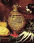 Fiasco à cordons horizontaux. Détails d'une nature morte de Jacopo Chimenti, seconde moitié du XVIe&nbsp;siècle.