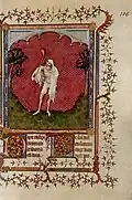 Miniature de Jacquemart de Hesdin : Fou avec une massue près d'un arbre, f.106