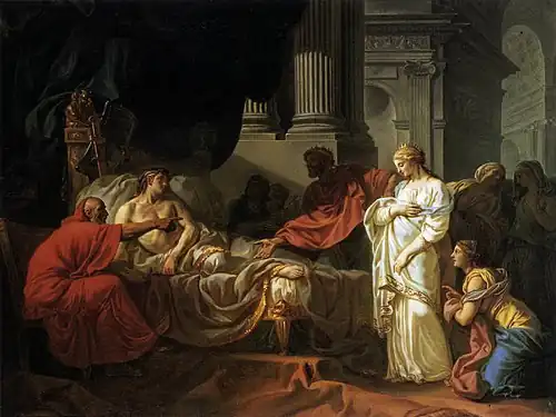 peinture traitée en clair-obscur d'une scène montrant un jeune homme allongé à moitié dénudé avec à sa droite un vieillard assis dans la pénombre pointant de son index droit une femme fortement éclairée se tenant débout