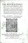 Frontispice de la nourriture et gouvernement des enfants de 1609
