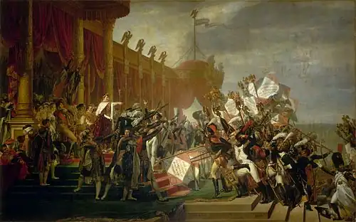 L'Empereur, entouré de ses nouveaux maréchaux, s’avance vers son armée représentée dans ce tableau par des unités de chasseurs, de grenadiers et de dragons. Dans un élan unanime, soldats et maréchaux prêtent allégeance à l'aigle impérial, symbole du nouveau régime. On distingue également en arrière plan, sur l’estrade, les grands dignitaires et figures civiles de l'Empire.