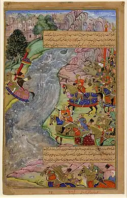  Peinture représentant Jalal ad-Din à cheval traversant le fleuve Indus pour échapper à l'armée de Gengis Khan