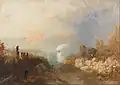 Quelques petits personnages sont dispersés le long d'une piste bordée de maçonnerie et d'arbres désordonnés qui conduit à pic vers le bas en direction d'un lointain rivage. Un bateau dans les vagues émet de la fumée blanche, tandis qu'un plus grand nuage de fumée noire provient d'un autre bateau plus loin. Au-delà de l'eau se voient de roses falaises élevées.