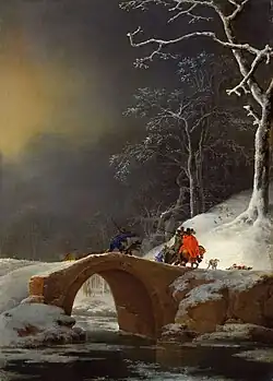 Jan Asselijn, Paysage avec des chasseurs sur un pont, toile contrecollée sur bois, 497&nbsp;×&nbsp;358&nbsp;mm, vers 1647. Acquise en 1953.