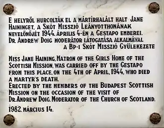 Plaque à la mission écossaise, Budapest