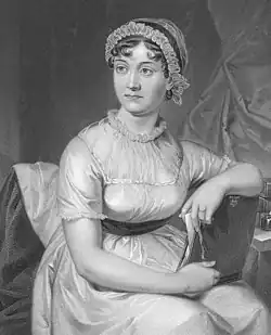 Portrait d'une jeune femme assise, portant une robe. Elle a les cheveux bouclés rabattus sous un chapeau de tissus et est accoudée en tournant le buste vers sa droite.