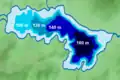 Carte en couleur montrant les différents niveaux de profondeurs d'un lac (dégradé de bleu, de 100 à 160&nbsp;m).