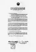 Feuille de reddition signé par l'amiral Lord Louis Mountbatten pour les Alliés et le général Itagaki pour les Japonais.