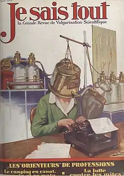 Couverture titrée Je sais tout avec l'illustration d'une dactylographe coiffée d'un casque métallique relié par des tubes flexibles à de la verrerie de laboratoire.