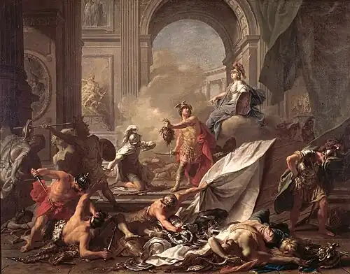 Dans une architecture Renaissance, Persée guidé par Athéna brandit la tête de Méduse pour pétrifier Phinée et une dizaine de soldats.
