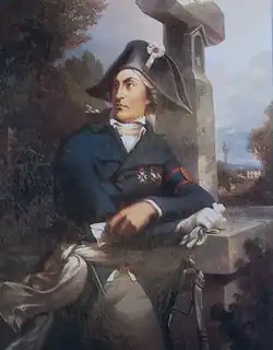 Huile sur toile représentant Stofflet, accondé sur un calvaire.