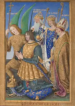 Variante inversée de la précédente, avec le roi entouré de saints (fragment du Livre d'heures de Louis&nbsp;XII, Getty Center).