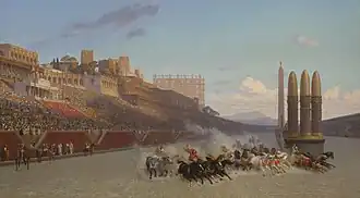 Image mettant en scène une course de chars tirés par plusieurs chevaux fonçant sur la piste, au milieu d'un nuage de poussière. A gauche, des gradins sont bondés de spectateurs.