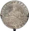 Jeton en argent de l'Ormée, daté de 1653, représentant deux colombes volant vers la flèche Saint-Michel et, au premier plan, la Garonne avec trois voiliers ; écrit à l'avers tranquillum sperare jubent (ils invitent à espérer la tranquillité).