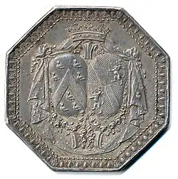 Louis d’Aumont et Louise-Jeanne de Durfort de Duras (1747), jeton de mariage en argent, 36&nbsp;mm, avers.