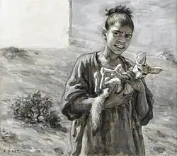 Peinture d'un jeune garçon tenant un fennec dans ses bras