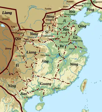 L'empire des Jin occidentaux et ses provinces après la « réunification », dans les années 280, avec la localisation des principaux peuples non-Han établis dans l'empire où sur ses marges.