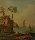 Pastoralt kustlandskap med figurstaffage