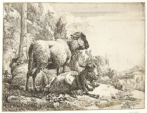 Moutons debout et couchés, au centre un mouton avec une cloche, eau-forte, 1665Statens Museum for Kunst
