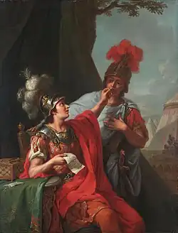 Alexandre mettant sa bague sur les lèvres d'Héphaistion, Johann Heinrich Tischbein, 1781.