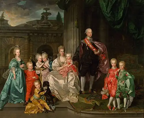 Le grand-duc Léopold Ier de Toscane avec sa femme Marie-Louise et leurs enfants au palais Pitti de Florence (1776), Johan Joseph Zoffany, huile sur toile (325&nbsp;×&nbsp;398&nbsp;cm), musée d'Histoire de l'art de Vienne.