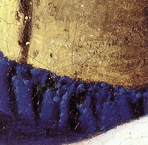 « Pointillés » jaunes et bleus sur un détail des habits de La Laitière.