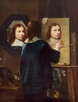 Au XVIIe&nbsp;siècle, un certain nombre de peintres utilisent leur maîtrise technique pour élaborer des représentations plus ou moins insolites. En 1646, l'Autrichien Johannes Gumpp se met en scène vu de dos, regardant son reflet dans un miroir tout en se représentant sur une toile.