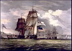 Lithographie représentant deux navires à voile de dos, l'un remorquant l'autre.
