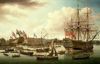 Gravure représentant un trois mâts dans un port.