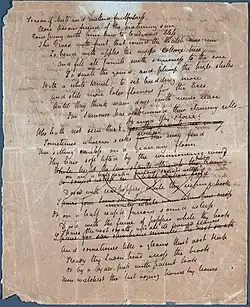 Page blanche remplie d'une écriture cursive ; plusieurs vers rayés au milieu