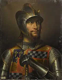 Un homme de face regardant vers la gauche, en armure et armée d'une épée tournée vers le bas.
