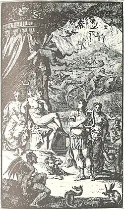 Sous un dais, Hadès, assis, écoute Orphée jouant de la lyre.
