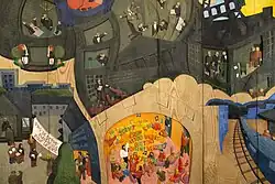 Ce détail de la fresque Joint Français 72 par Alain Marcon représente les discussions autour de l'augmentation des ouvriers de l'usine à Paris et les manifestations. Durant l'une d'elle une banderole "pas de trêve électorale pour le joint". Une autre se déroule dans ce qui est indiqué comme "la chambre patronale", durant laquelle les paroles "Au Joint Français, les ouvriers bretons disent merde aux patrons" tirées de la chanson du poète breton Kirjuhel sont scandées. Transcription (bas): 26 avril.