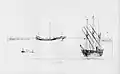 Jonque et frégate de la marine française sur la rivière de Saigon, le 12 février 1859.