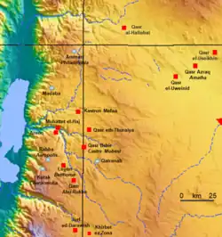 carte géographique, carrés rouges avec noms des forts romains