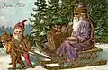 Santa vêtu de mauve sur un traîneau tiré par des lutins (vers 1900).